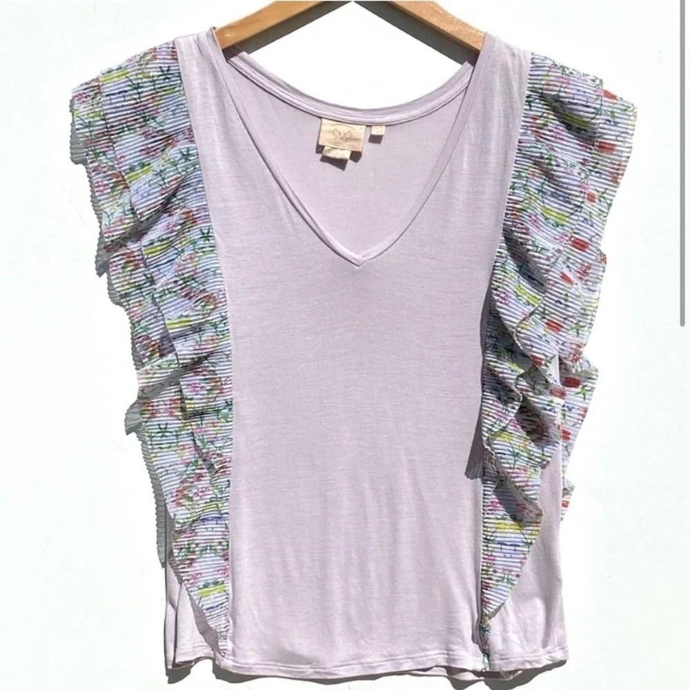 Anthropologie Vanessa Virginia Metallic Floral Flutter Trim VNeck Sleeveless Top - Picture 2 of 8